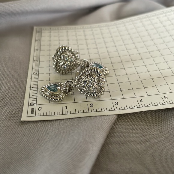 STUNNING Judith Ripka 925 SS Double Heart Blue Topaz/CZ Diamonique Earrings - Picture 10 of 11